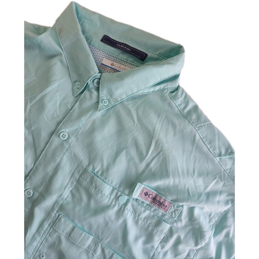 Columbia PFG Tamiami Men's XL Teal Blue Button Up Shirt Short Sleeve LOGO